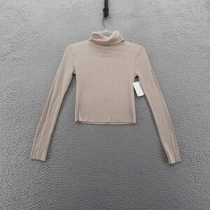 Urban Social Ribbed Knit Turtleneck Long Sleeve Cropped‎ Top Beige Small NEW